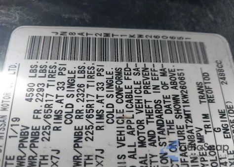 2019 Nissan Rogue Sv z USA, uszkodzony, nr VIN JN8AT2MT1KW260651